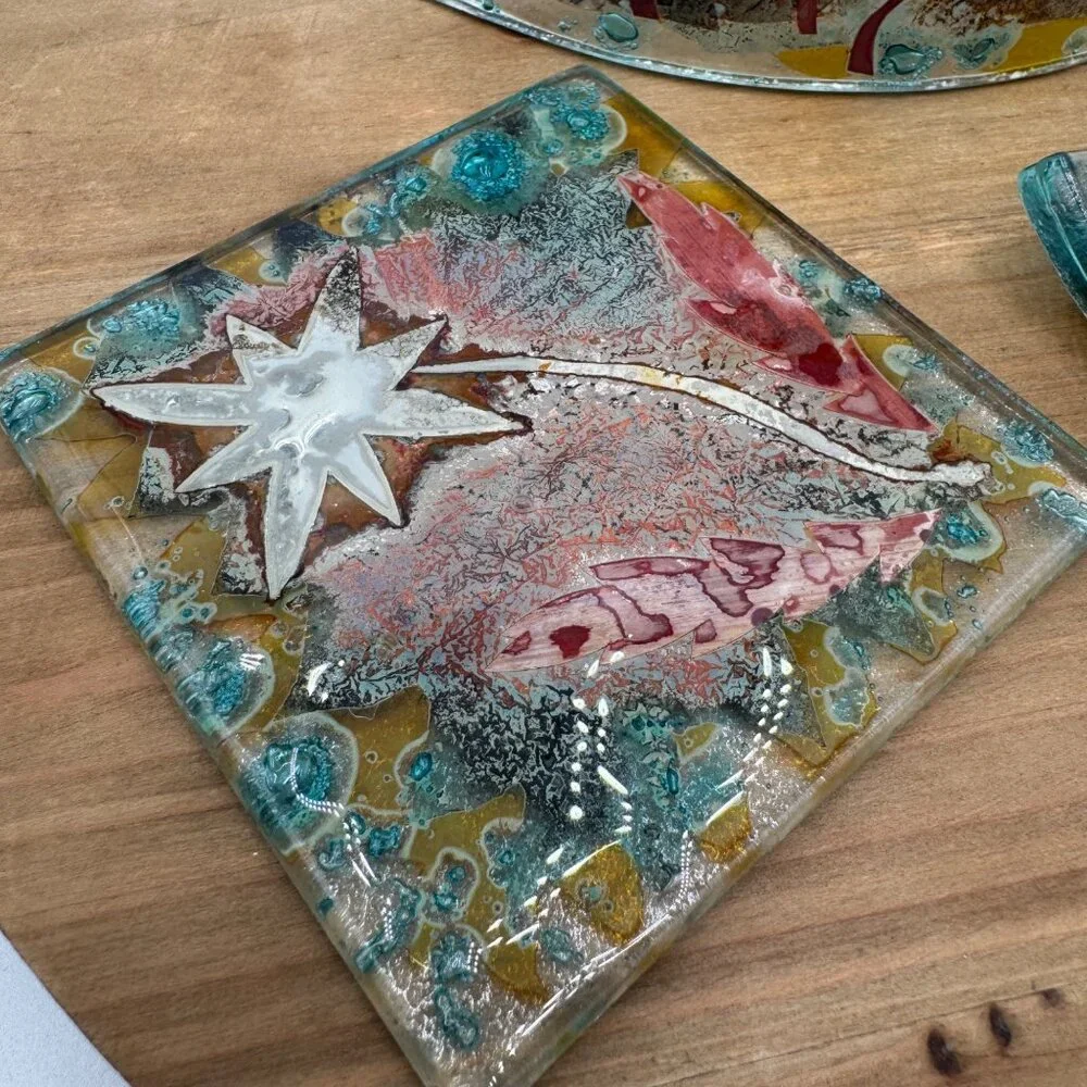 Fused Glass Trinket Dish Studio art glass 3 piece set multi color